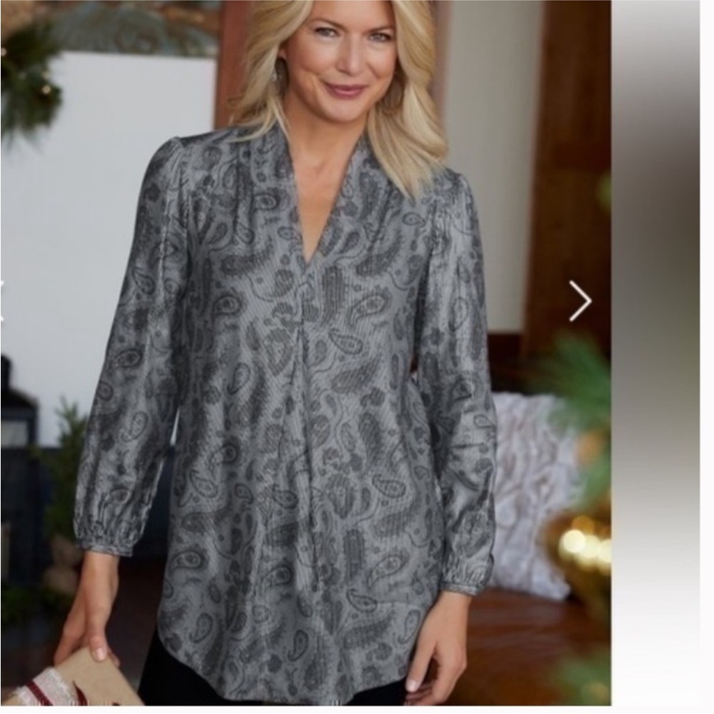 Soft Surroundings Gray Metallic Paisley Tunic Blouse, Size L